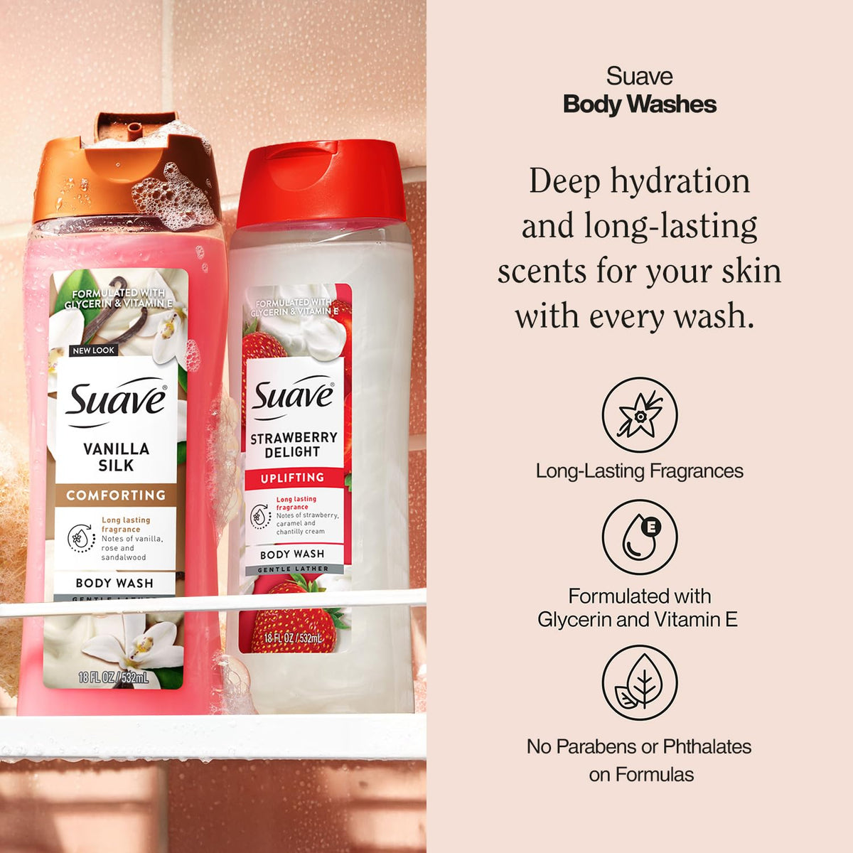Suave duo bottles side by side offering scent variety and daily hydration