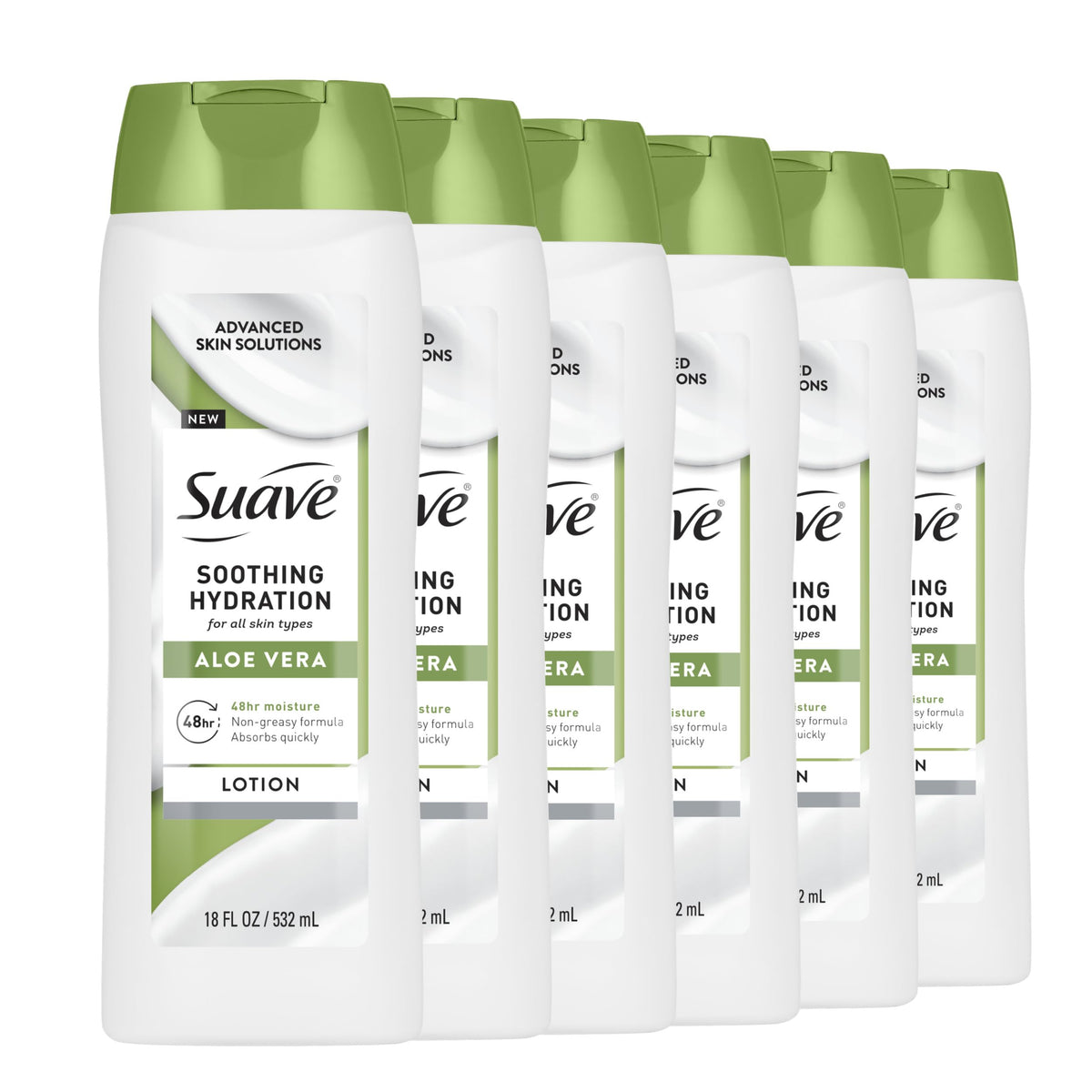 Suave front packaging showing 18 fl oz bottle and clear branding benefits