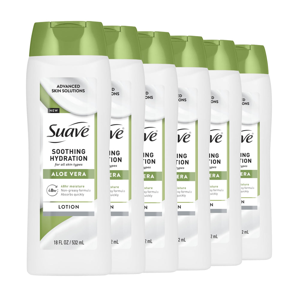 Suave front packaging showing 18 fl oz bottle and clear branding benefits