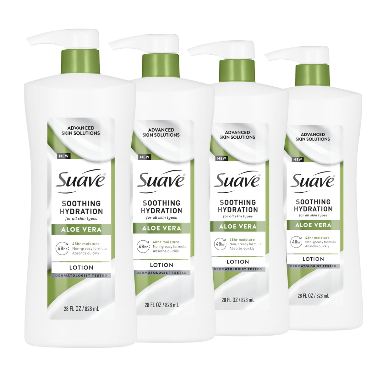 Suave front packaging showing 28 oz bottle and value four-pack benefit