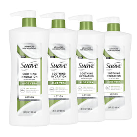 Suave front packaging showing 28 oz bottle and value four-pack benefit