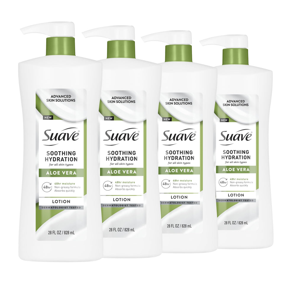 Suave front packaging showing 28 oz bottle and value four-pack benefit