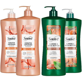 Suave front packaging of the 4-piece set showing both shampoo and conditioners for easy selection