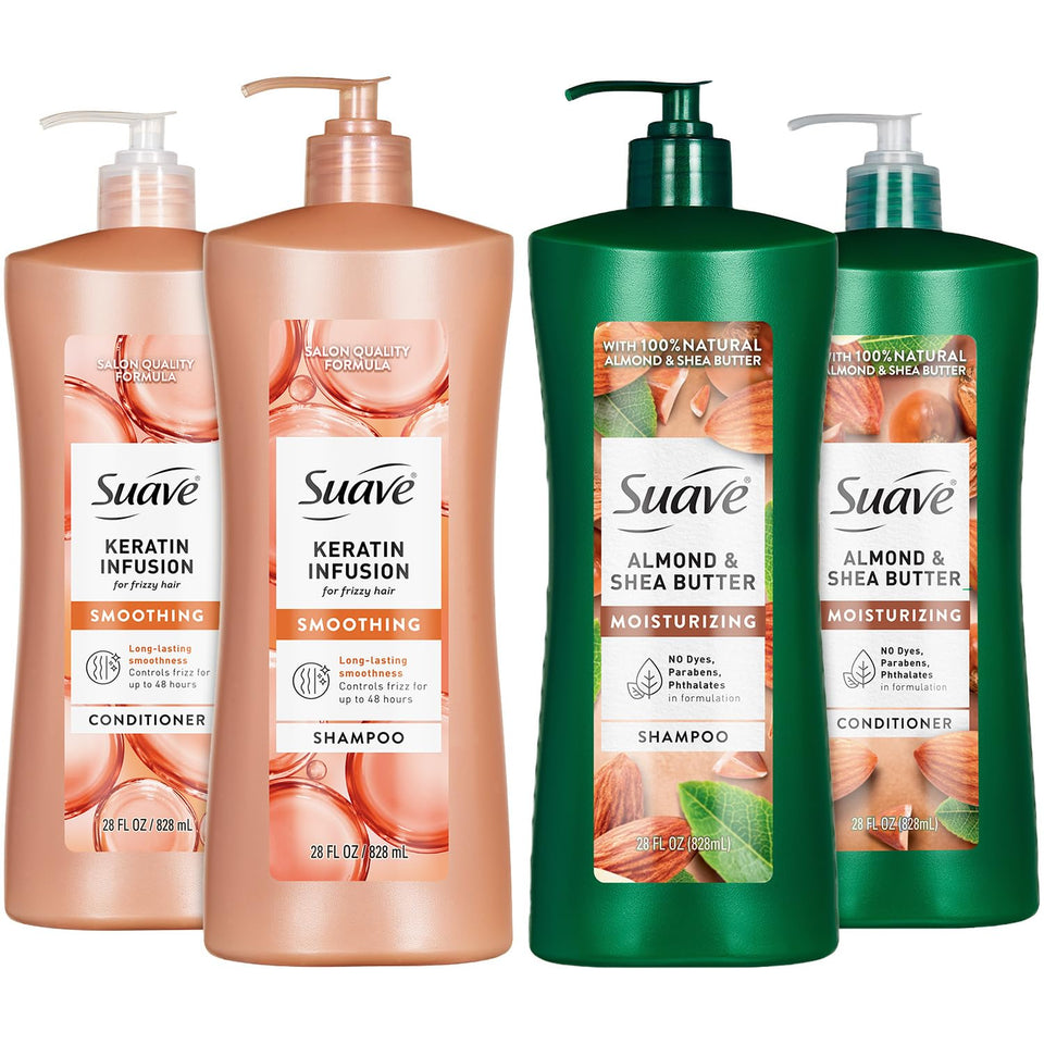 Suave front packaging of the 4-piece set showing both shampoo and conditioners for easy selection
