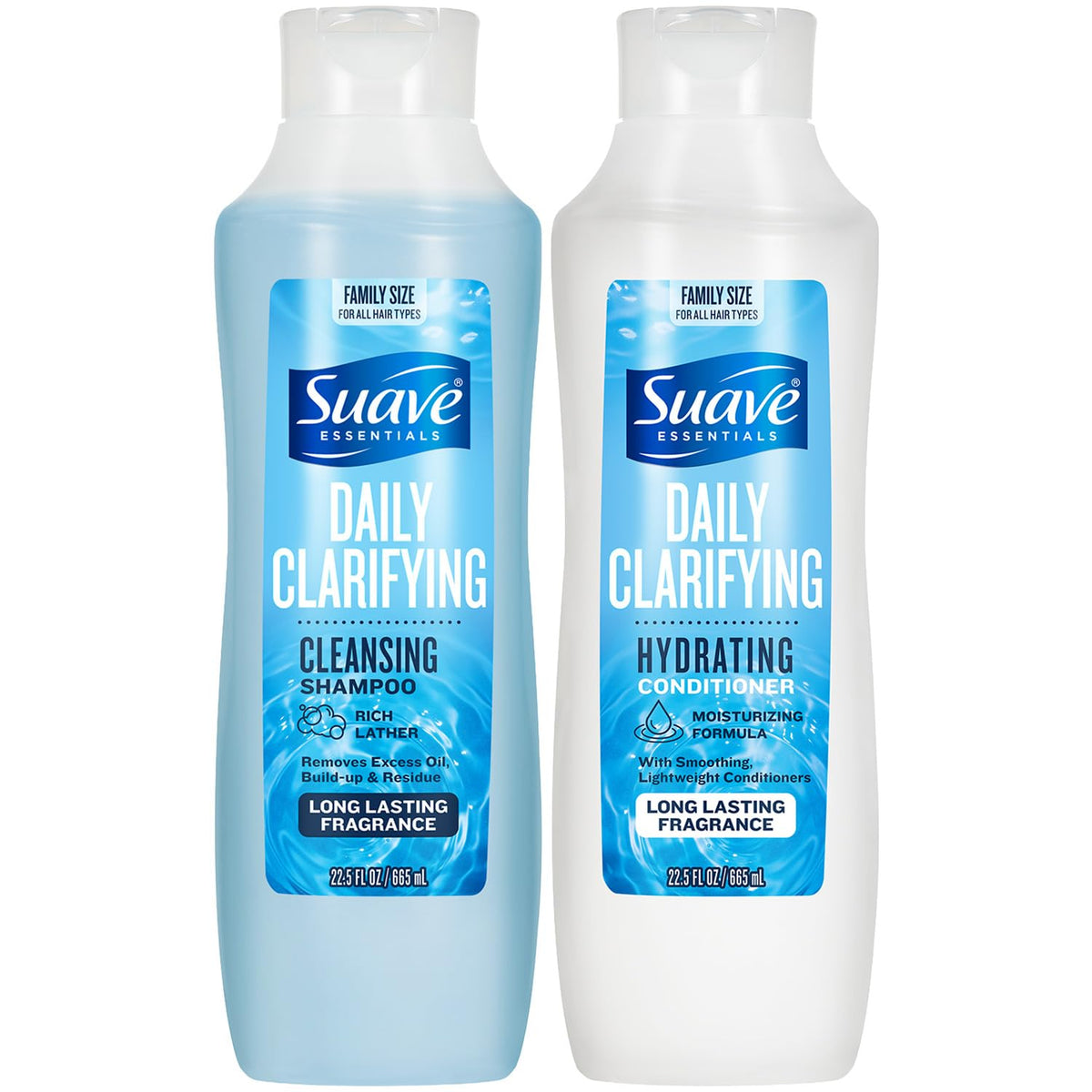 Suave front packaging showing clarifying and hydrating bottles for clean, shiny hair