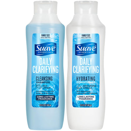 Suave front packaging showing clarifying and hydrating bottles for clean, shiny hair