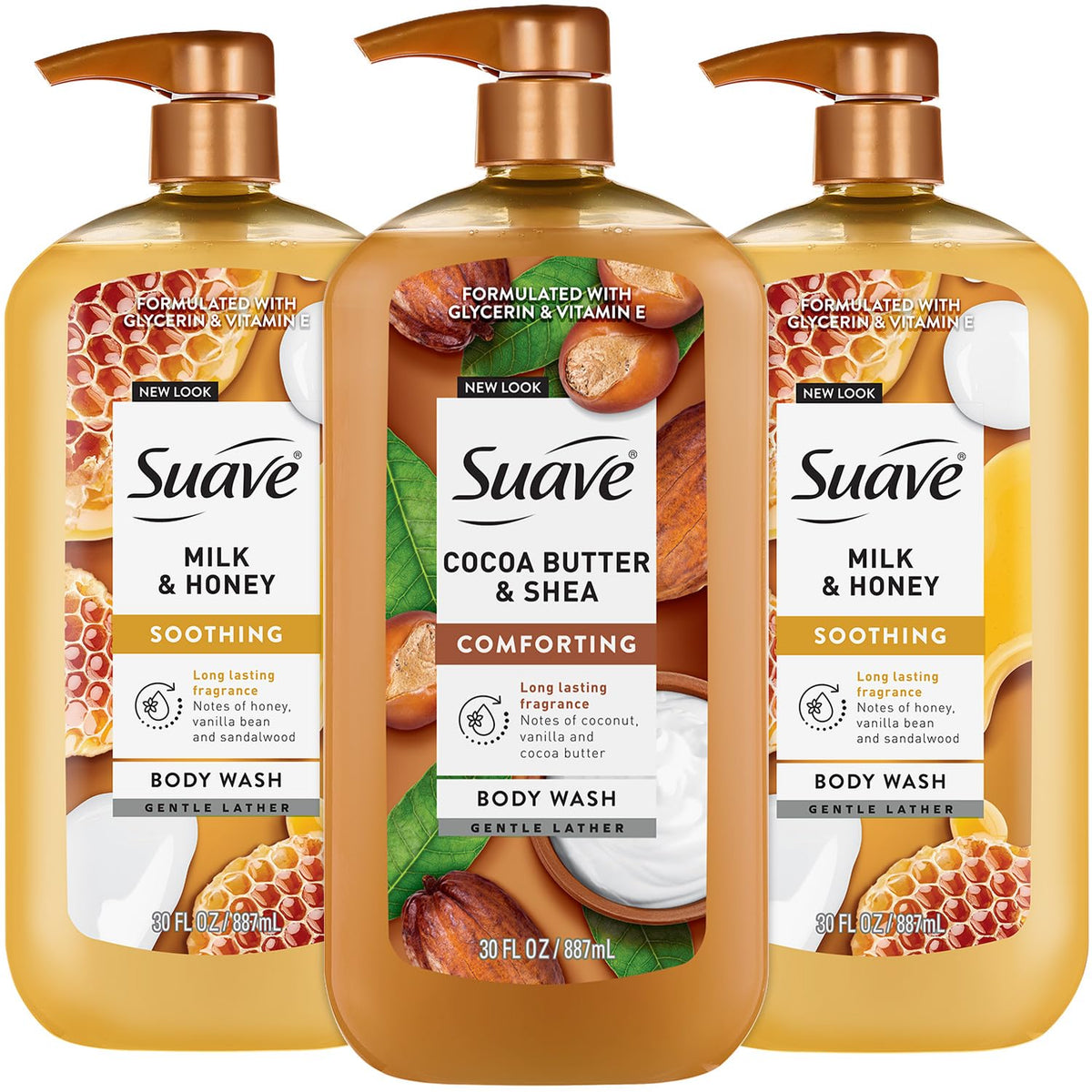 Suave front packaging showing twin Milk & Honey and Cocoa Butter Shea benefits