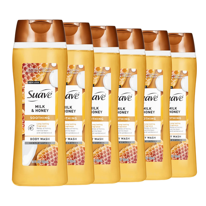 Suave front packaging showing milk and honey scent and hydration benefits