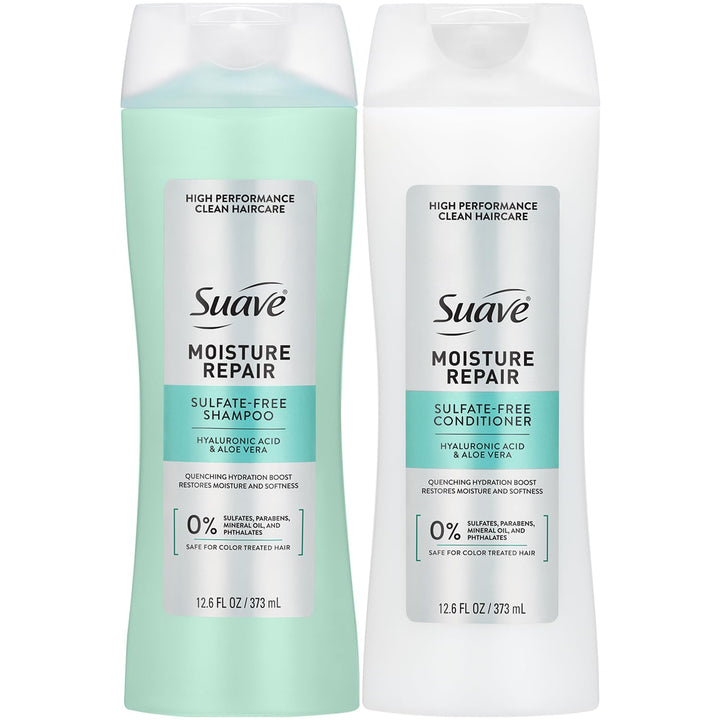 Suave front packaging showing bottles and benefits