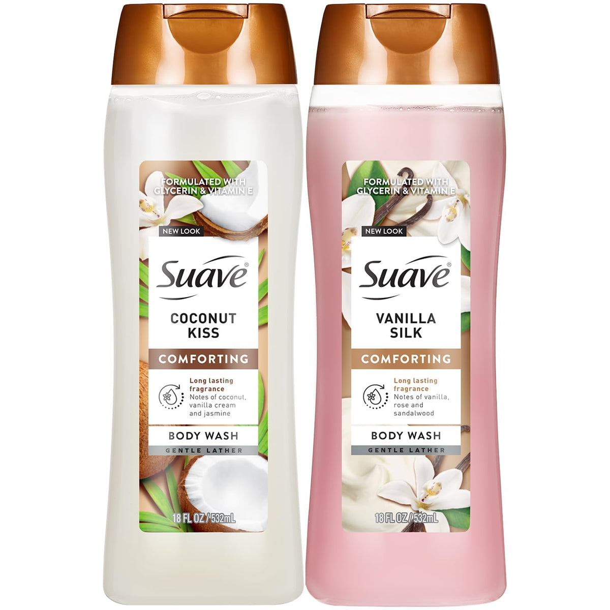 Suave front packaging showing both scents and benefit of moisturizers