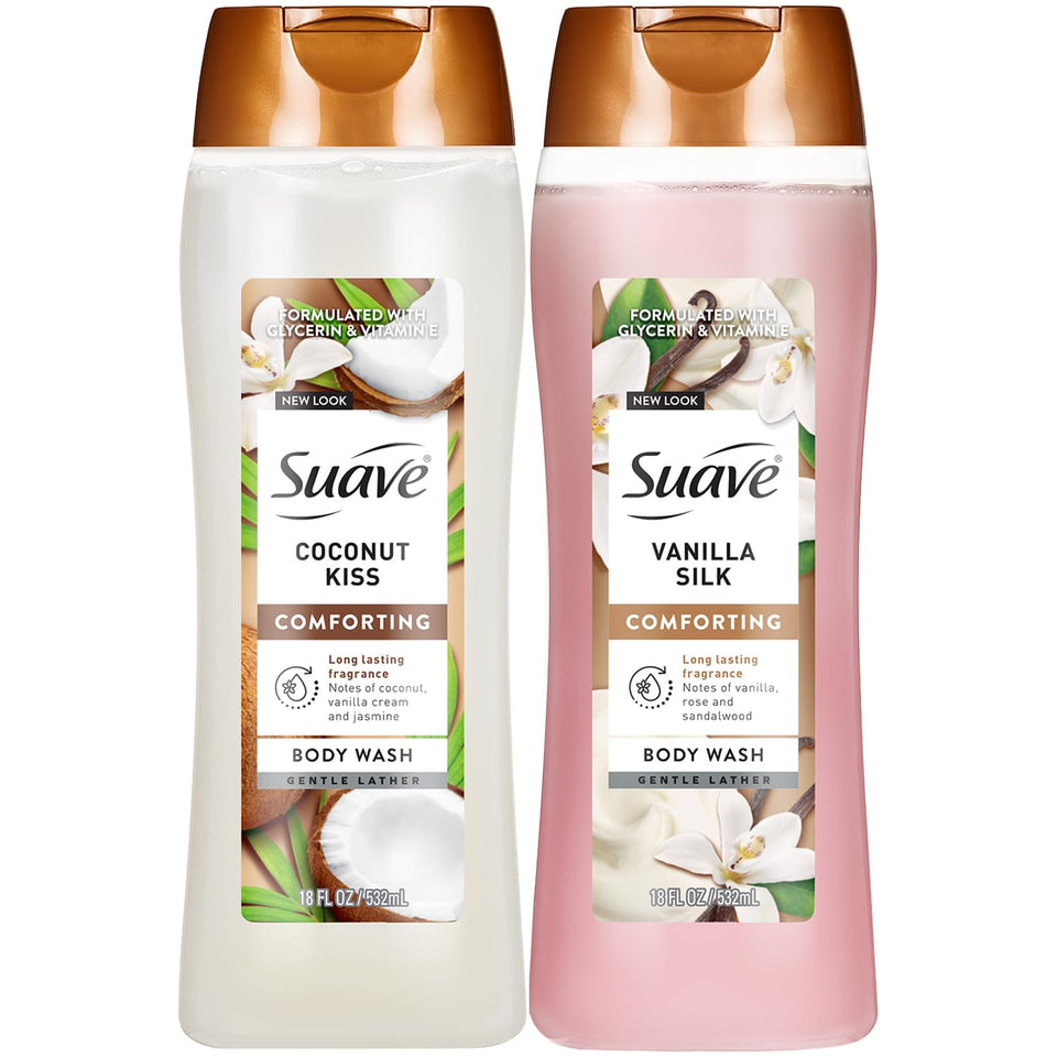 Suave front packaging showing both scents and benefit of moisturizers