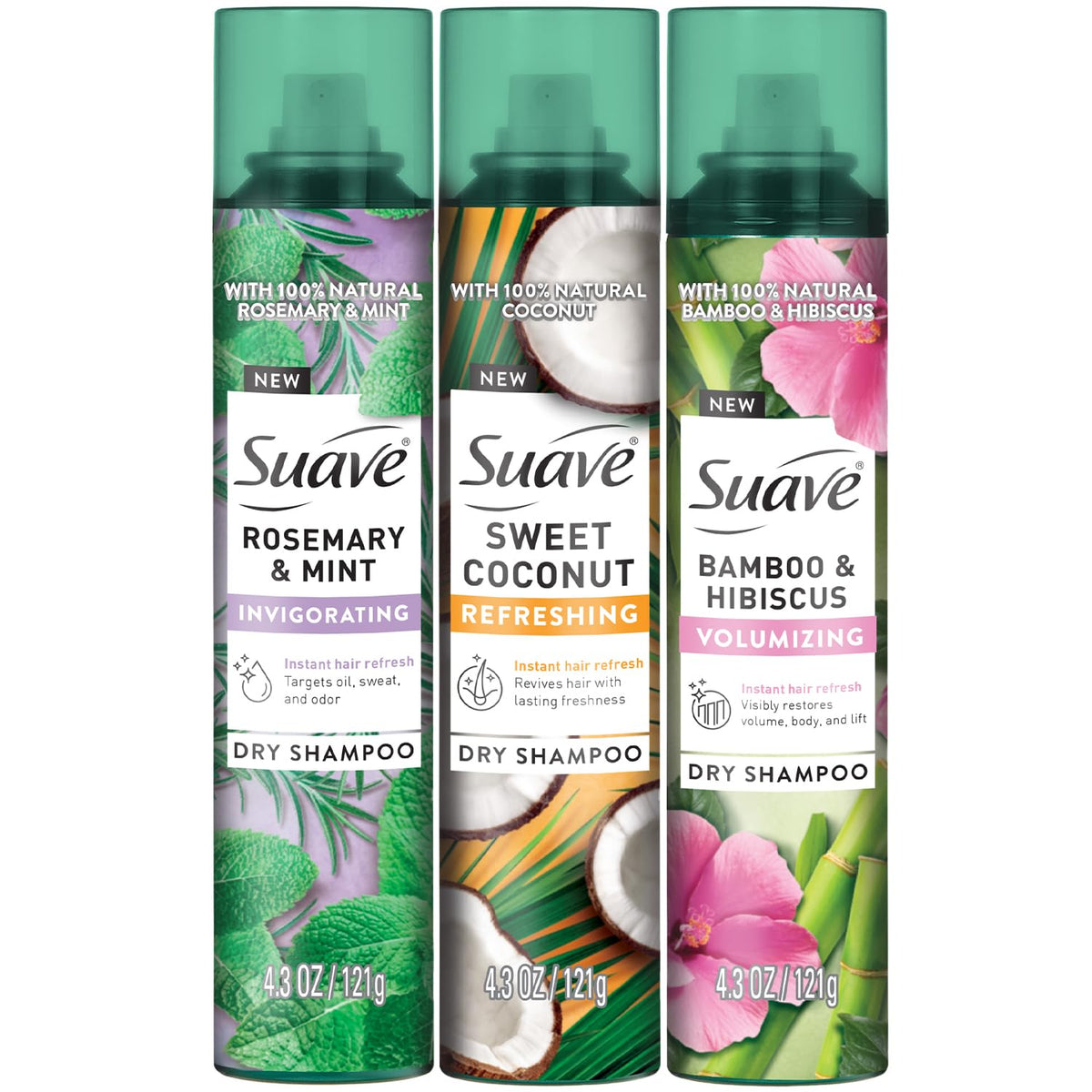 Suave front packaging variety 3-pack showing all three cans and benefits