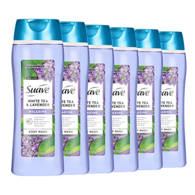 Suave front packaging showing white tea and lavender scent and easy-grip bottle