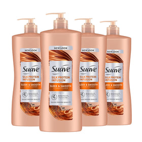 Suave front packaging shows label and benefits for sleek hair