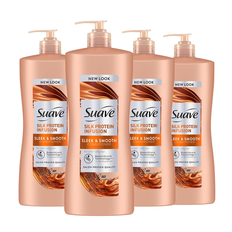 Suave front packaging shows label and benefits for sleek hair