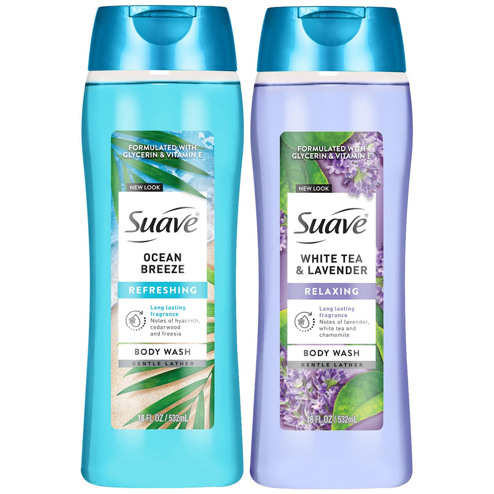 Suave front packaging showing both bottles and scents with clear benefits