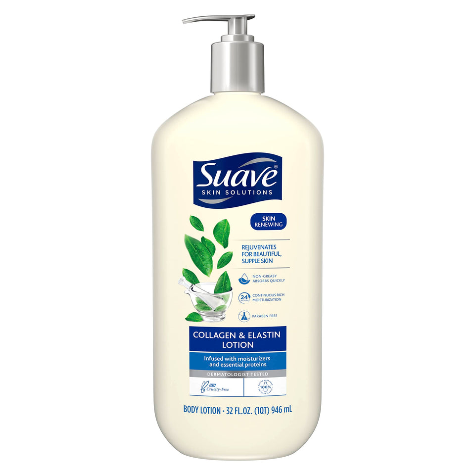 Suave front packaging 32 fl oz pump showing label and convenient dispenser benefit