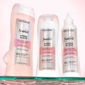 Before and after hair showing Suave-produced smoother, glossier strand appearance