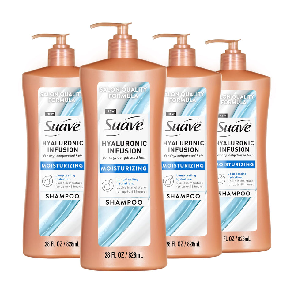 Suave hyaluronic infusion front packaging showing 28 oz pump benefits hydration