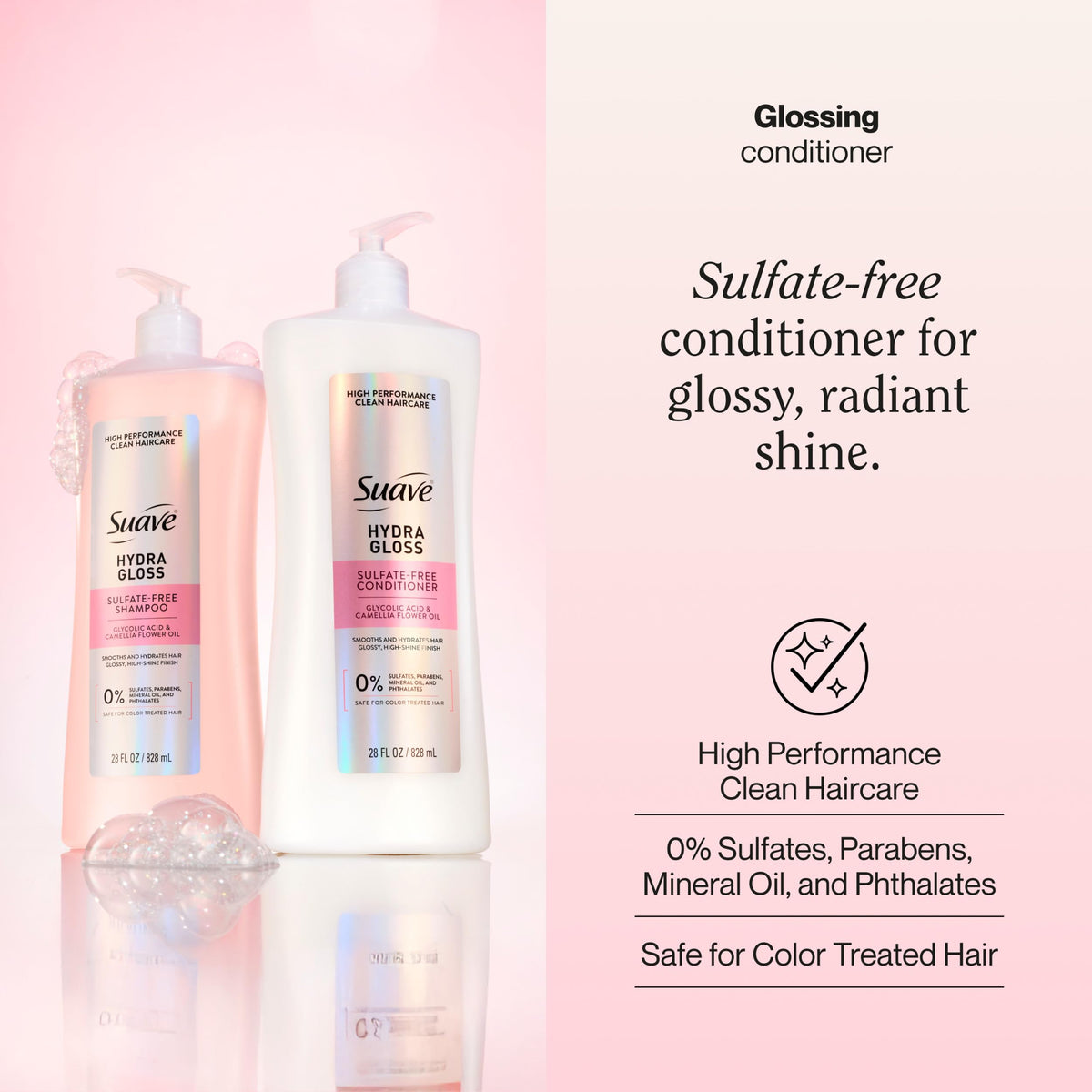 Suave closeup of Hydra Gloss bottle label highlighting glycolic acid benefit