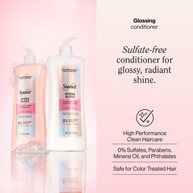 Suave closeup of Hydra Gloss bottle label highlighting glycolic acid benefit