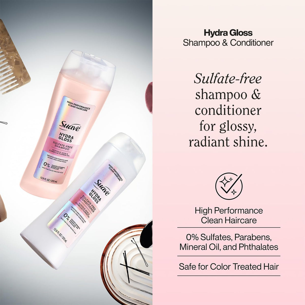Suave bottle label detail highlighting glycolic acid and camellia oil benefits