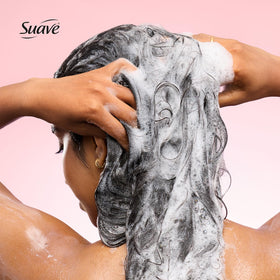 Suave before-and-after hair comparison illustrating reduced buildup and shine
