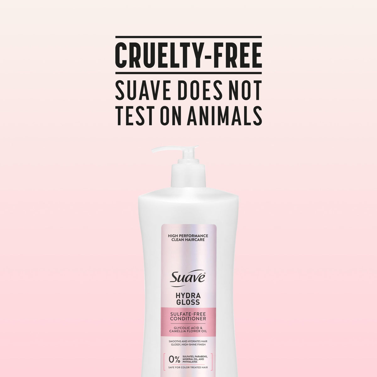 Suave conditioner next to hand for size comparison and easy-use benefit