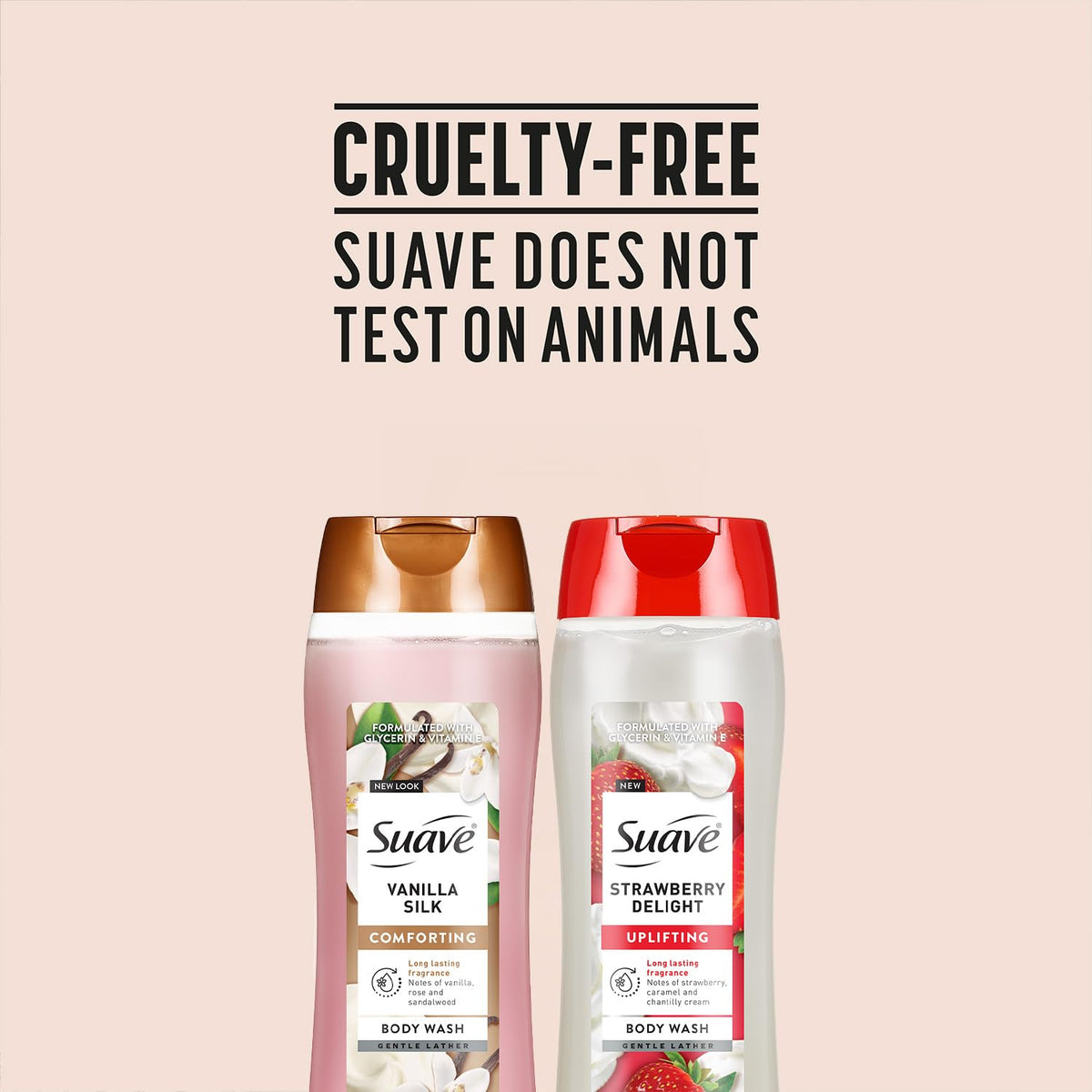 Suave in-shower use with loofah showing easy lathering and rinsing