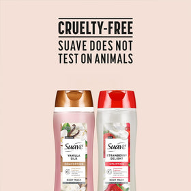 Suave in-shower use with loofah showing easy lathering and rinsing