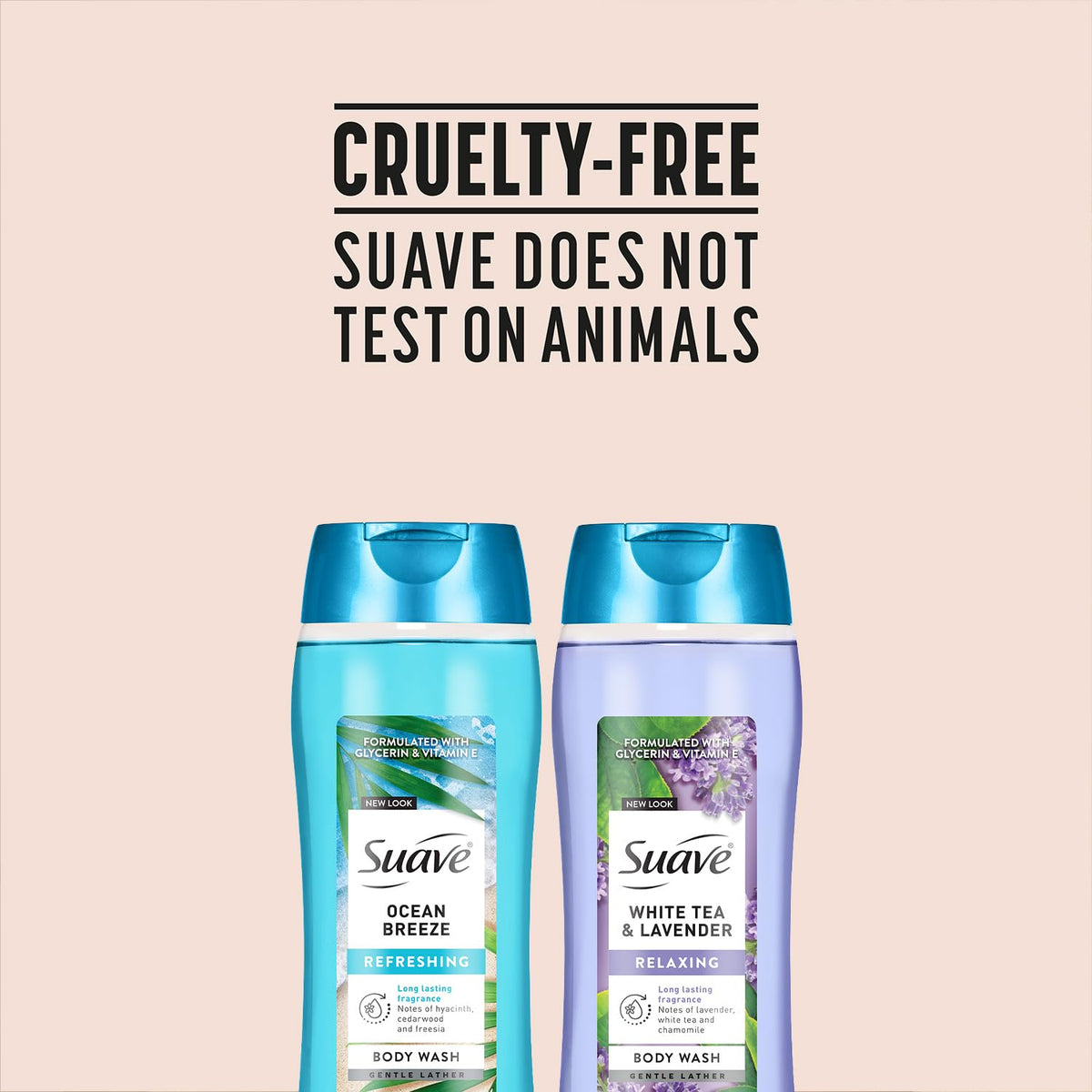 Person using Suave body wash in shower showing easy, rich cleansing