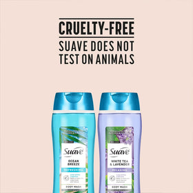 Person using Suave body wash in shower showing easy, rich cleansing