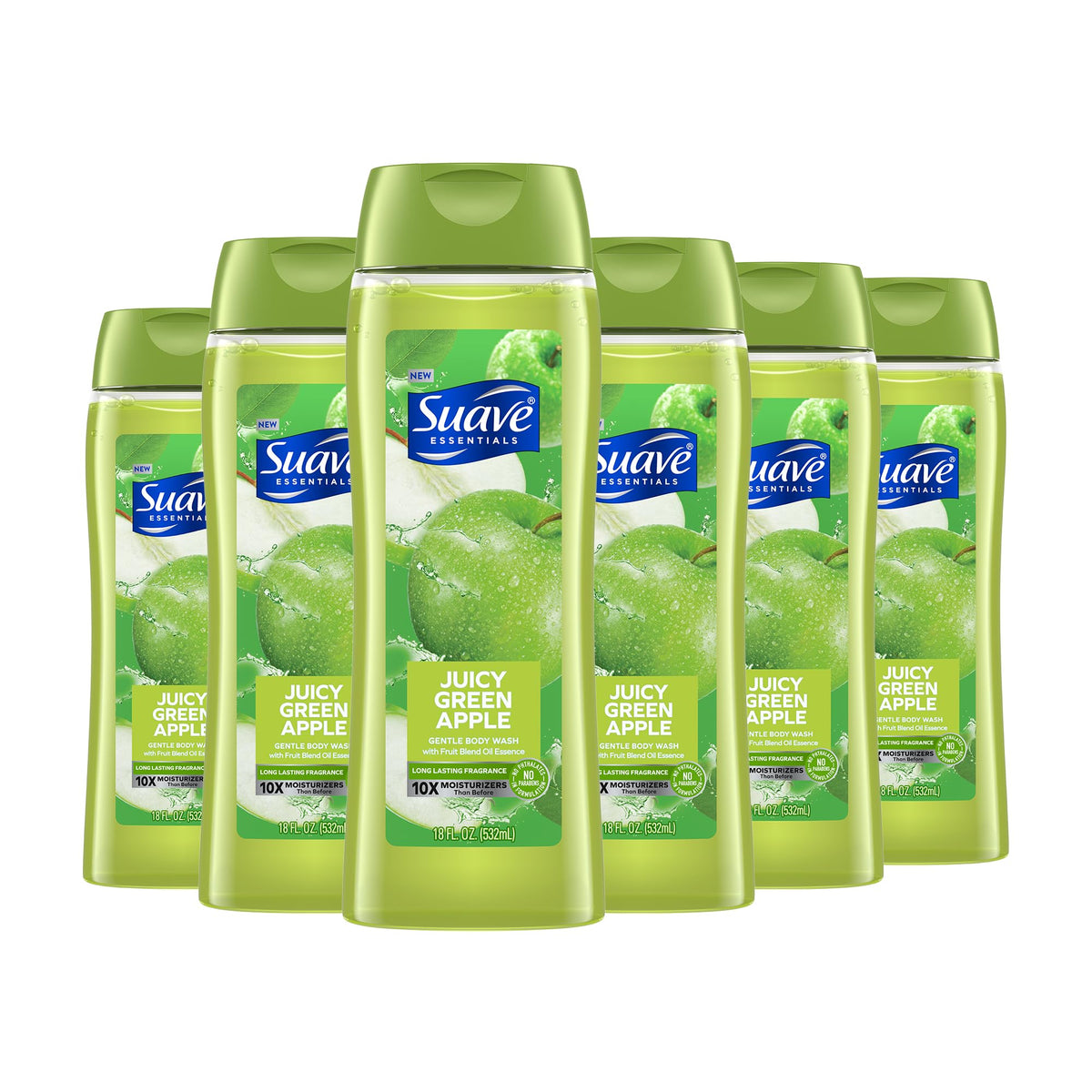 Suave front packaging showing juicy green apple scent and 18 oz size benefits