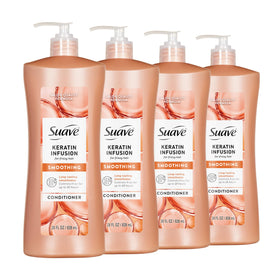 Suave keratin conditioner front packaging showing pump and brand benefit