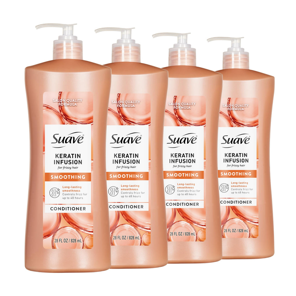 Suave keratin conditioner front packaging showing pump and brand benefit