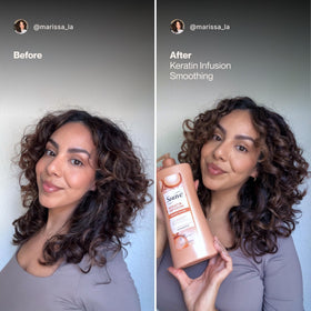 Suave keratin conditioner label close-up highlighting keratin and benefits