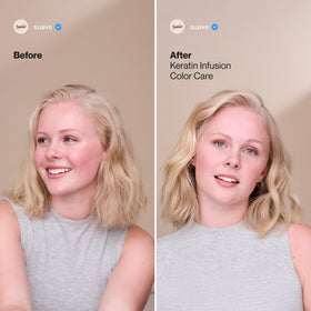 Suave keratin infusion before and after hair comparison showing reduced frizz and enhanced shine