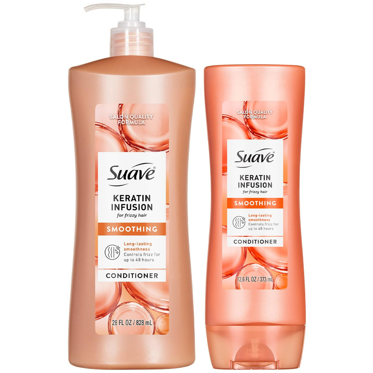 Suave front packaging showing keratin infusion and 48H frizz control benefit
