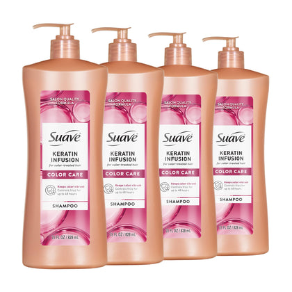 Suave keratin infusion front packaging shows bottle and benefits