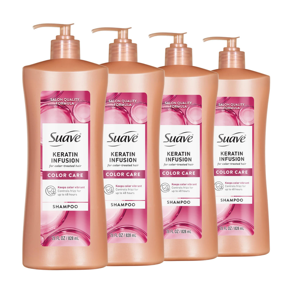 Suave keratin infusion front packaging shows bottle and benefits