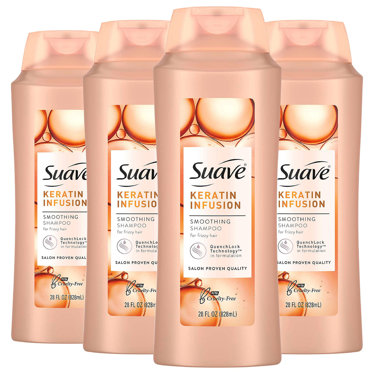 Suave bottle front packaging showing Keratin Infusion and smoothing benefit