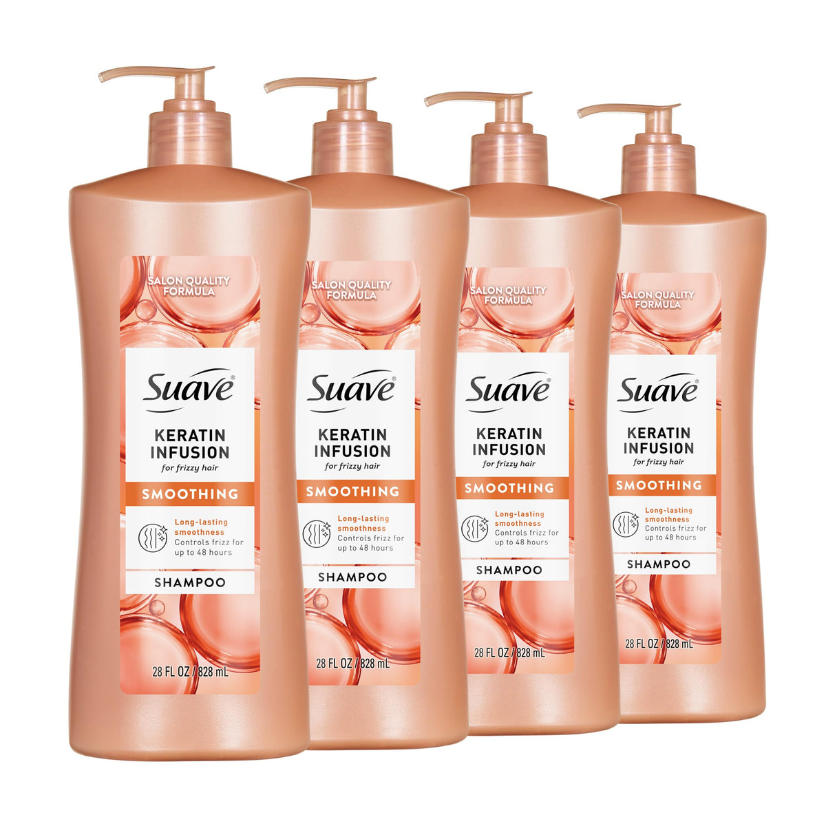 Suave keratin infusion front pump bottle showing label and size benefit