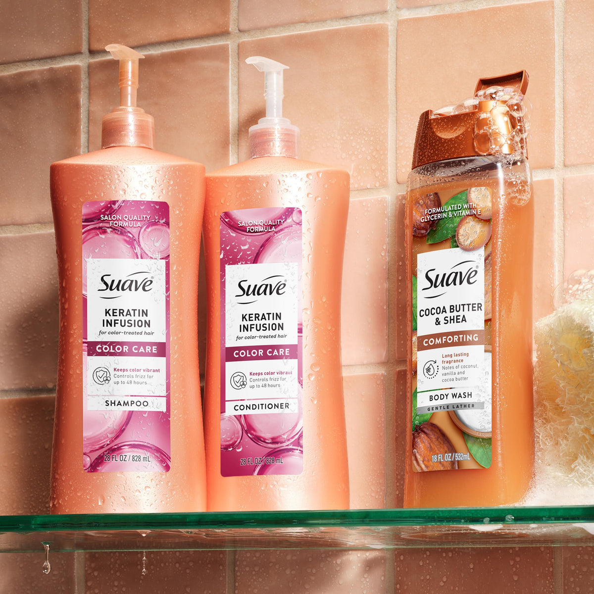 Suave keratin infusion lifestyle bathroom counter display showing everyday accessibility and style