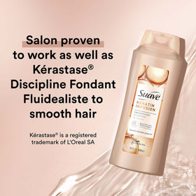Suave dispensing shampoo on hand demonstrating gentle lathering benefit