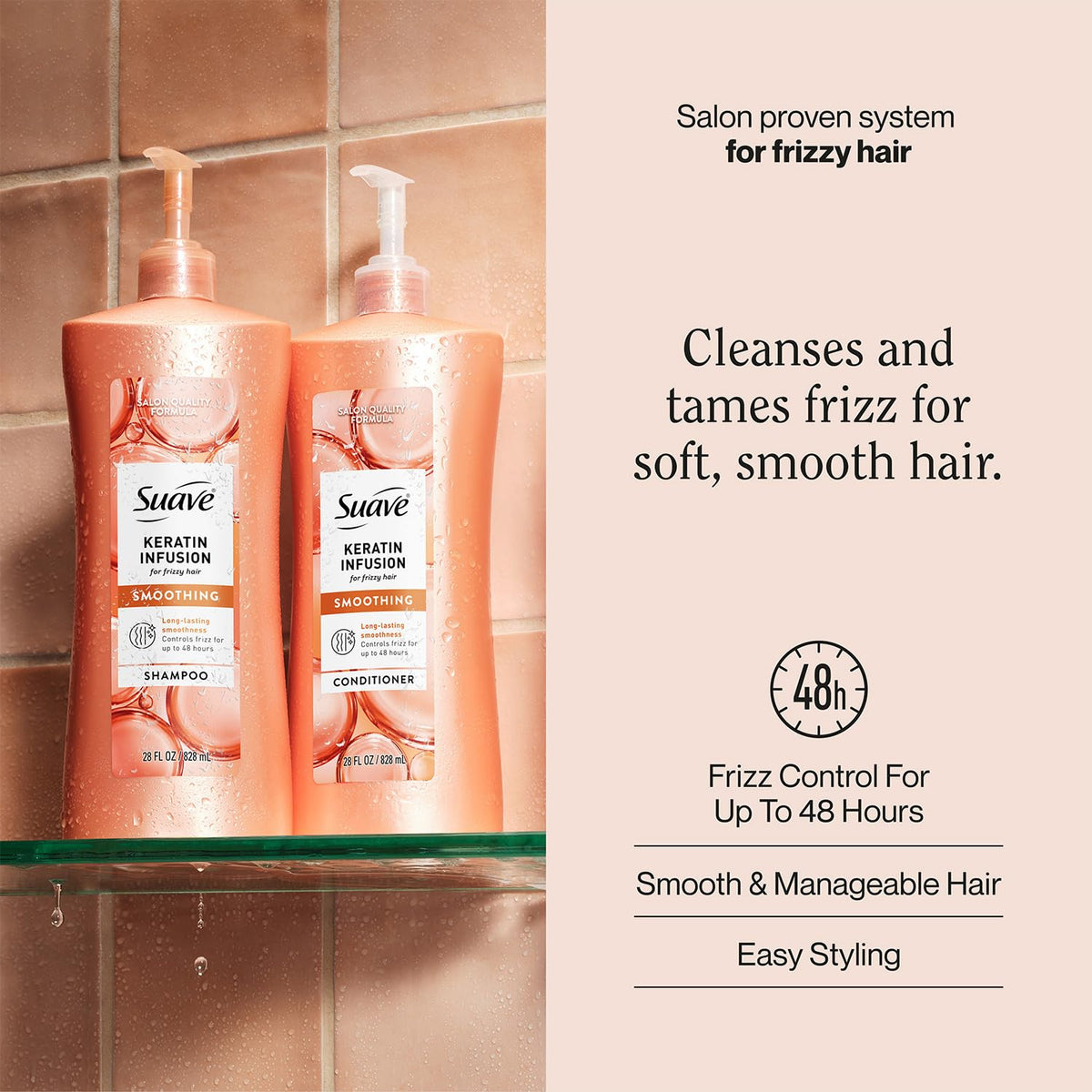 Suave keratin infusion shampoo pump closeup highlighting smooth-dispense convenience