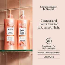 Suave keratin infusion shampoo pump closeup highlighting smooth-dispense convenience