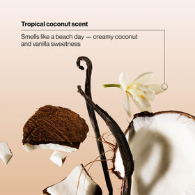 suave in beach-themed lifestyle setting evoking tropical coconut scent