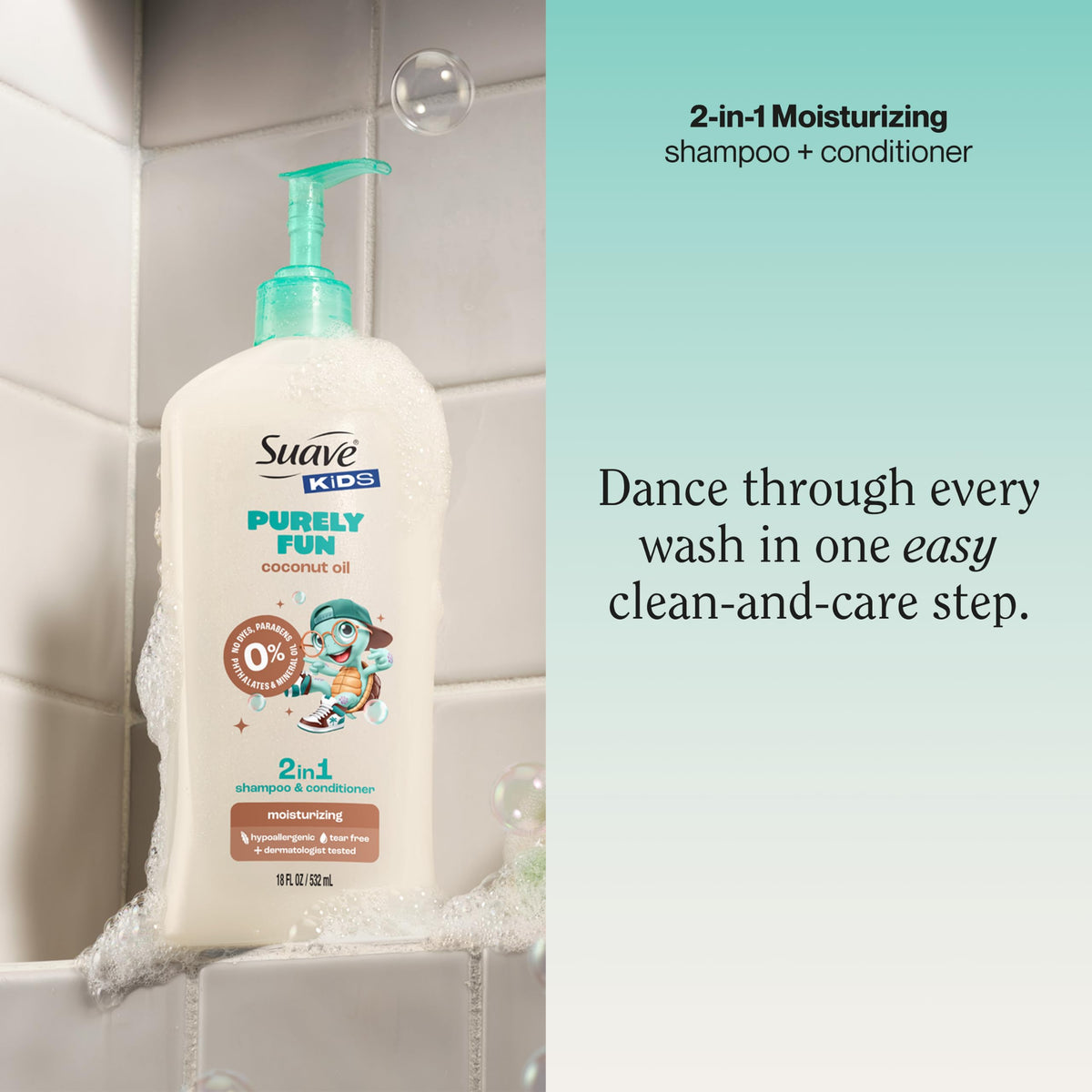 Suave Kids coconut oil formula pouring to show texture and moisturizing benefit