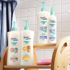 Four-pack of Suave Kids bottles boxed for value and long-lasting supply
