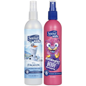 Suave front packaging showing two berry-scented detangler bottles and kid-friendly design benefiting quick use
